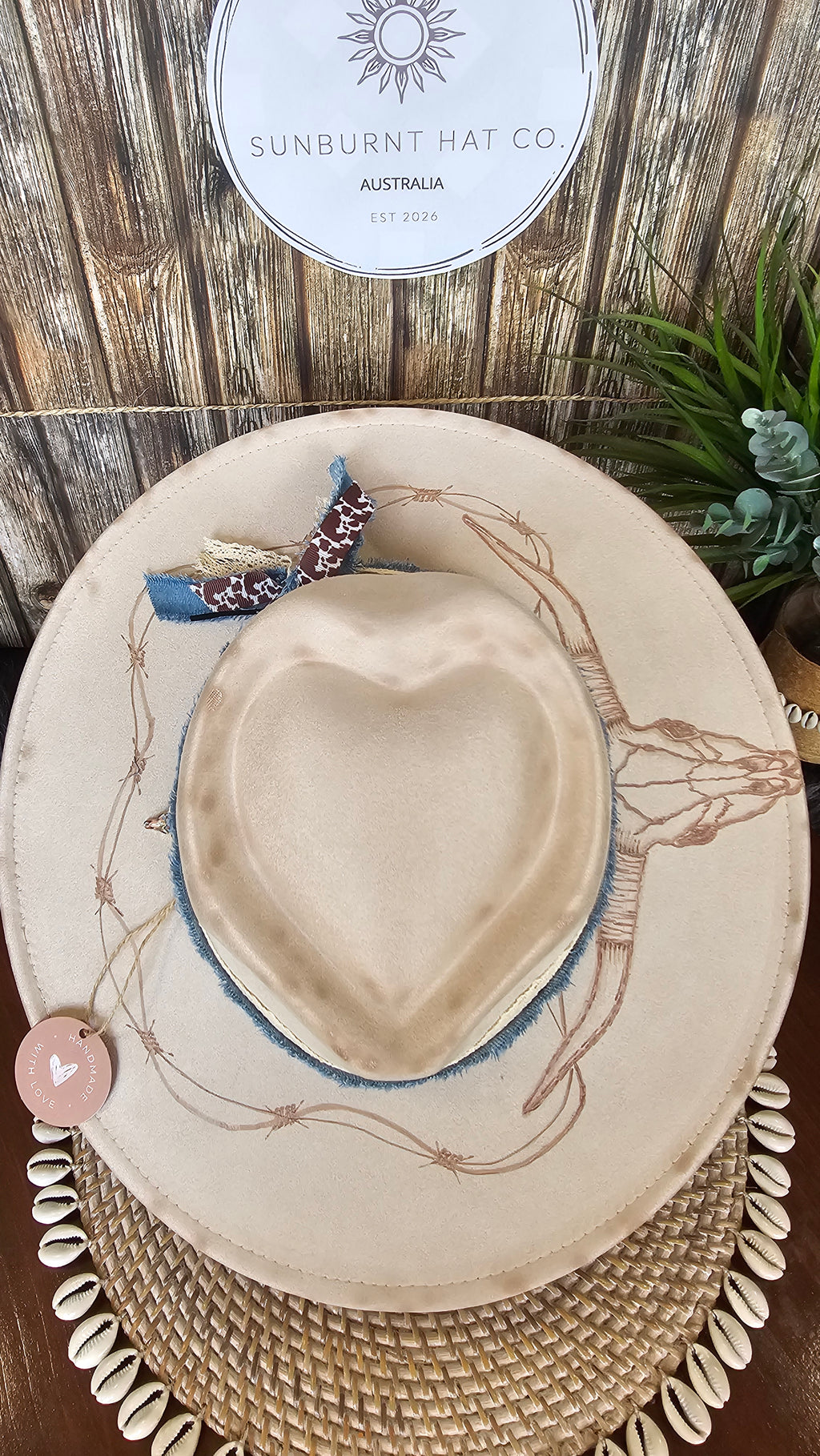 Longhorn tan wide brim vegan suede cowboy hat hand burnt