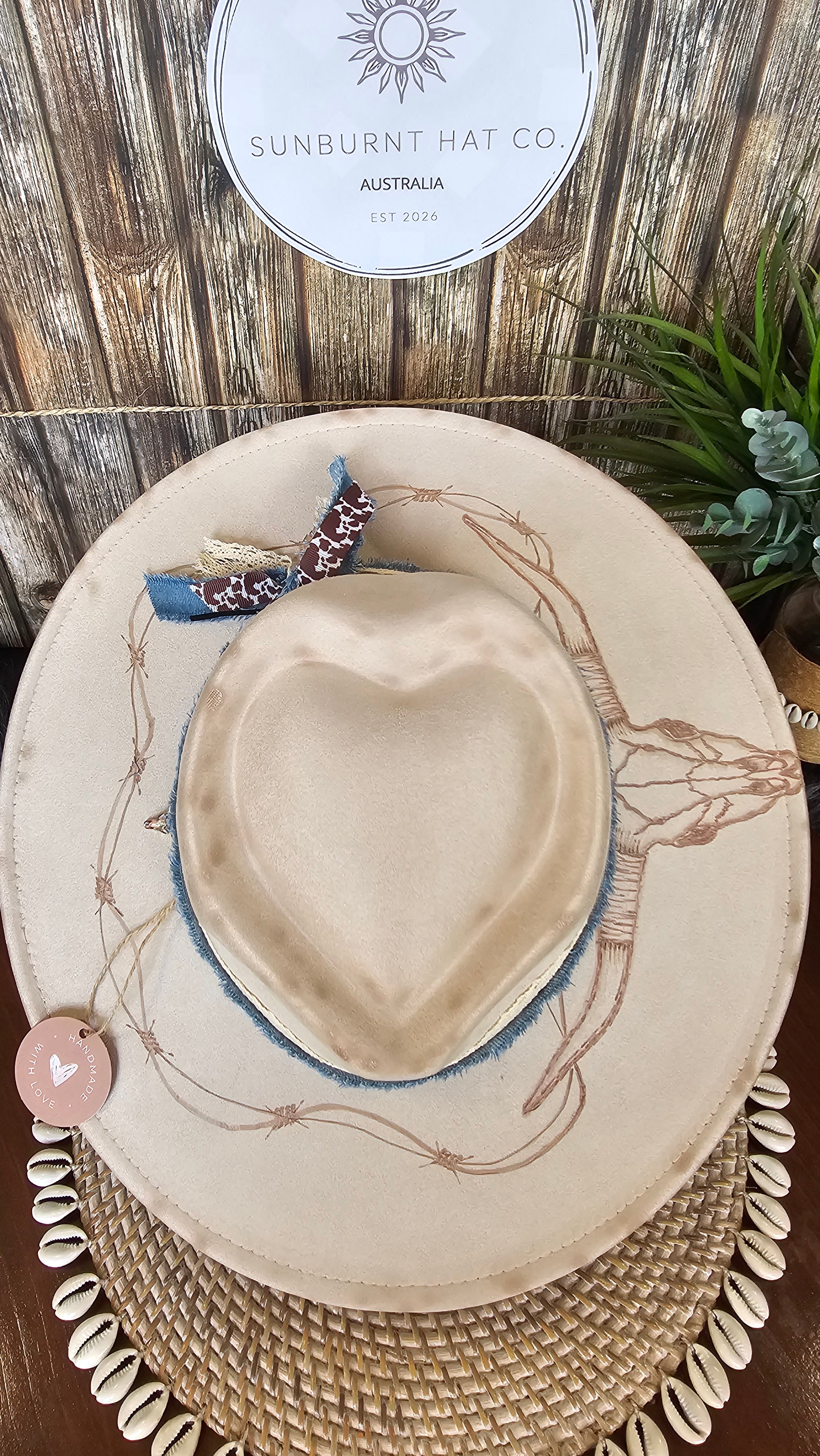 Longhorn tan wide brim vegan suede cowboy hat hand burnt