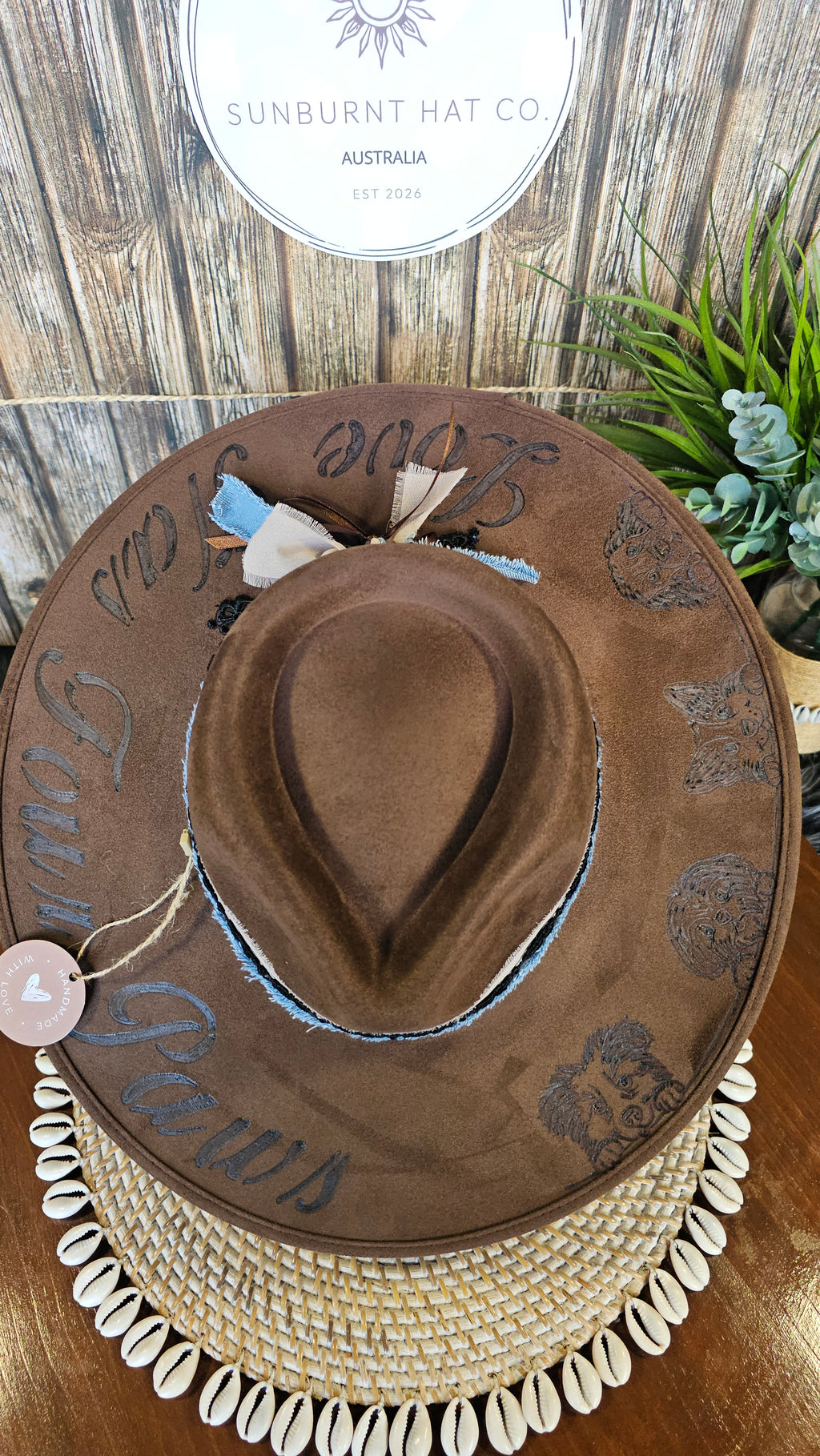 Puppy dog brown wide brim vegan suede cowboy hat hand burnt