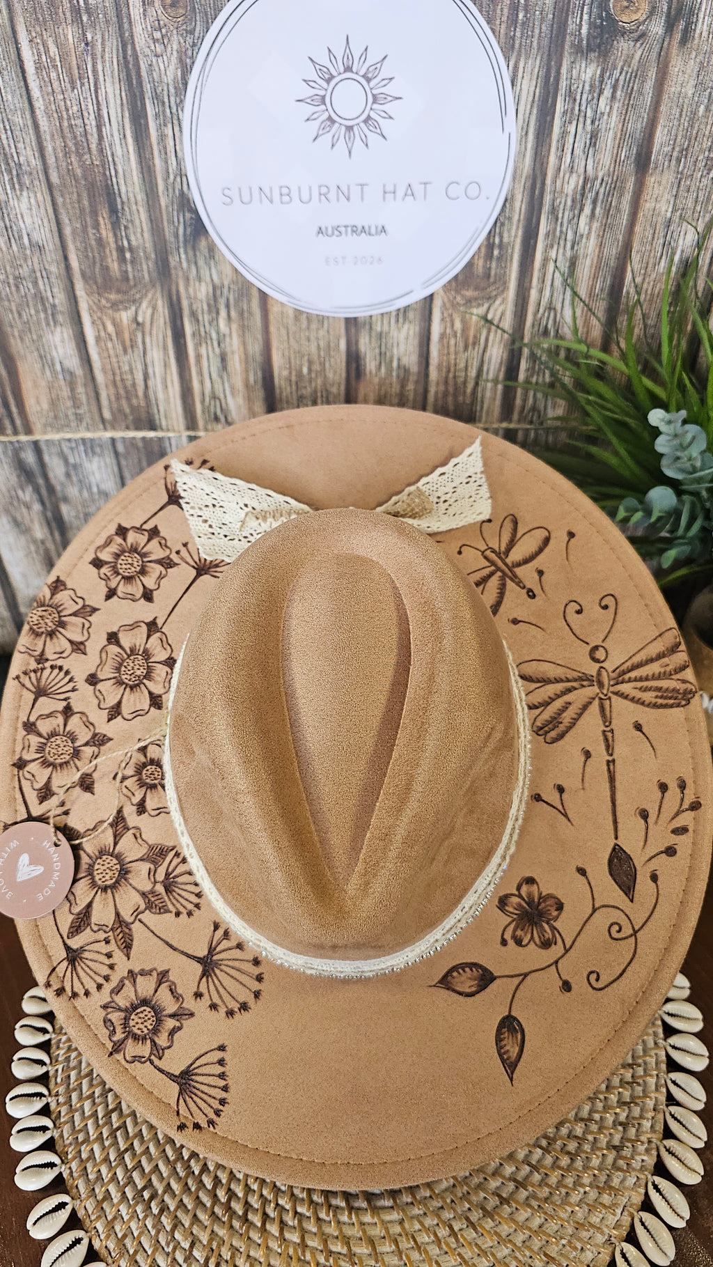 Dragonfly tan wide brim vegan suede cowboy hat hand burnt