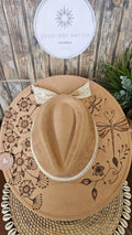 Dragonfly tan wide brim vegan suede cowboy hat hand burnt