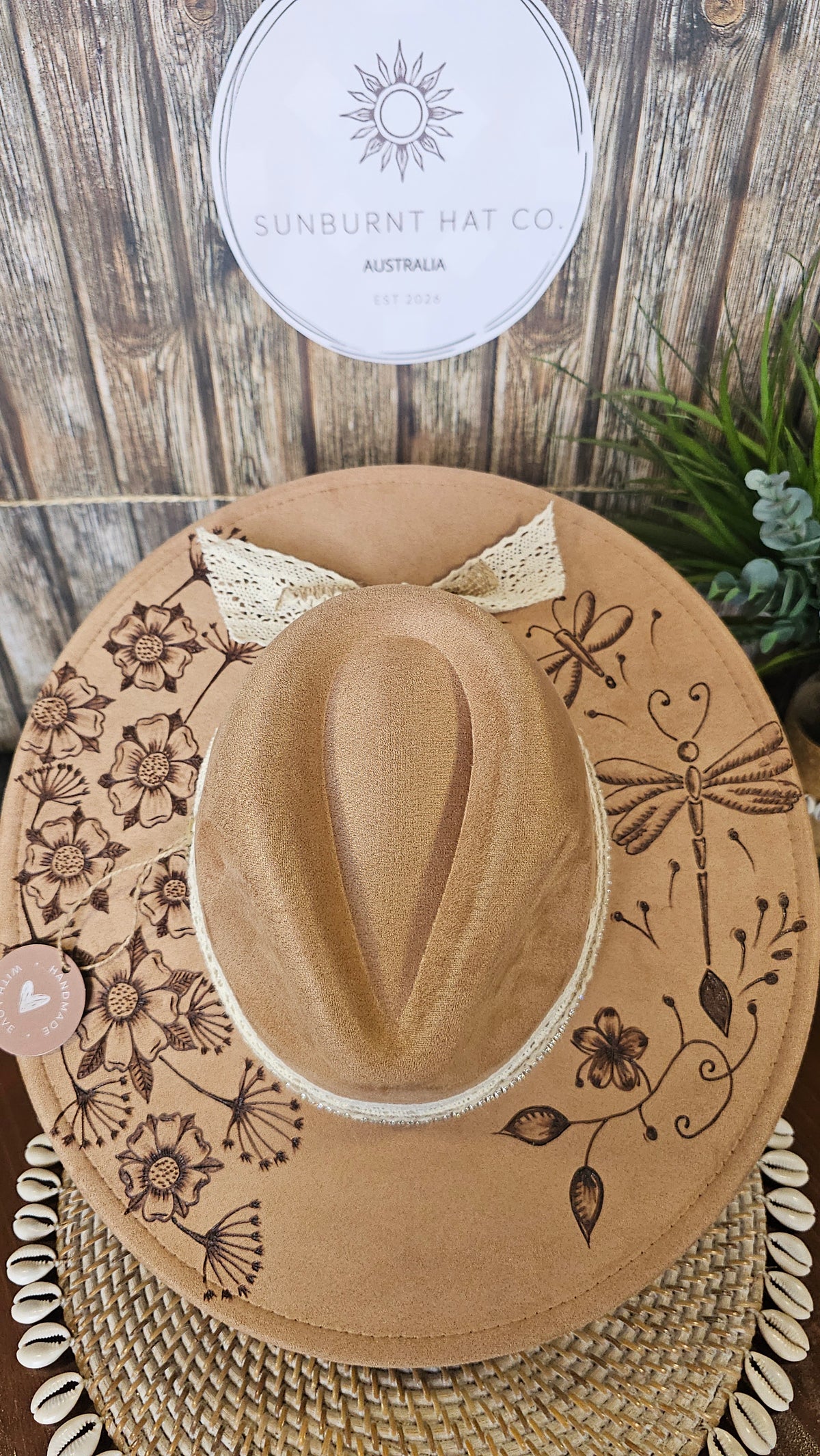 Dragonfly tan wide brim vegan suede cowboy hat hand burnt
