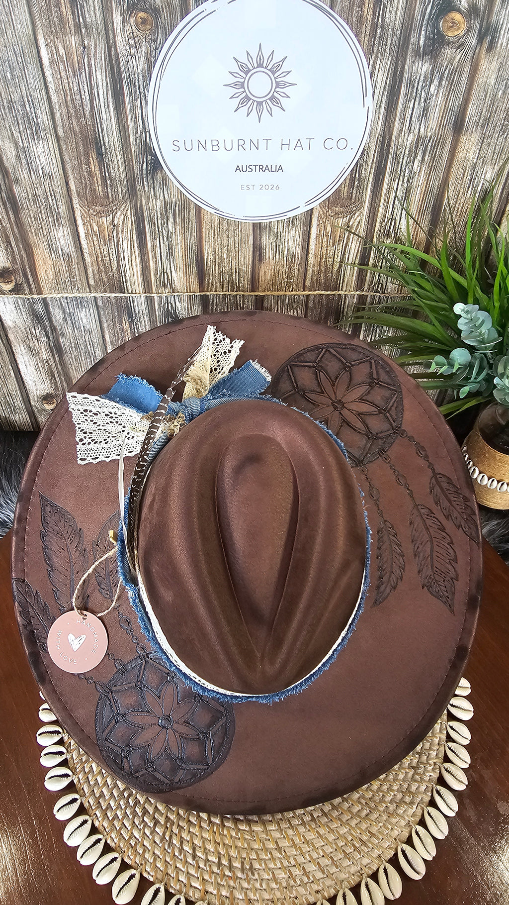 Dreamcatcher brown wide brim vegan suede cowboy hat hand burnt
