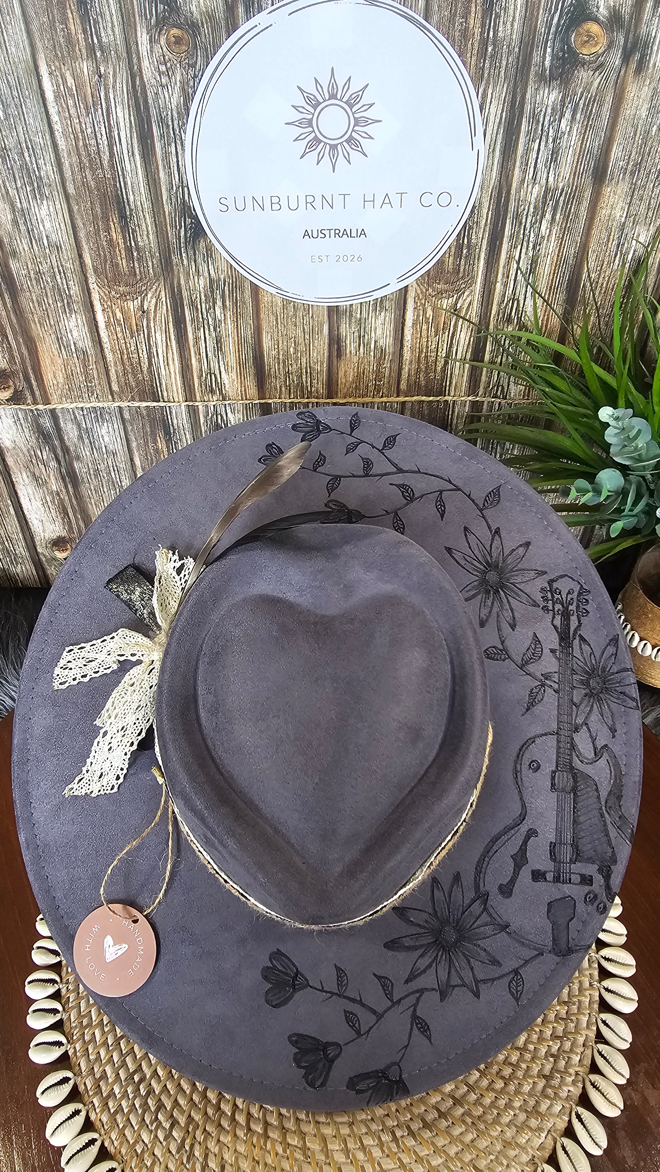Guitar blue grey wide brim vegan suede cowboy hat hand burnt