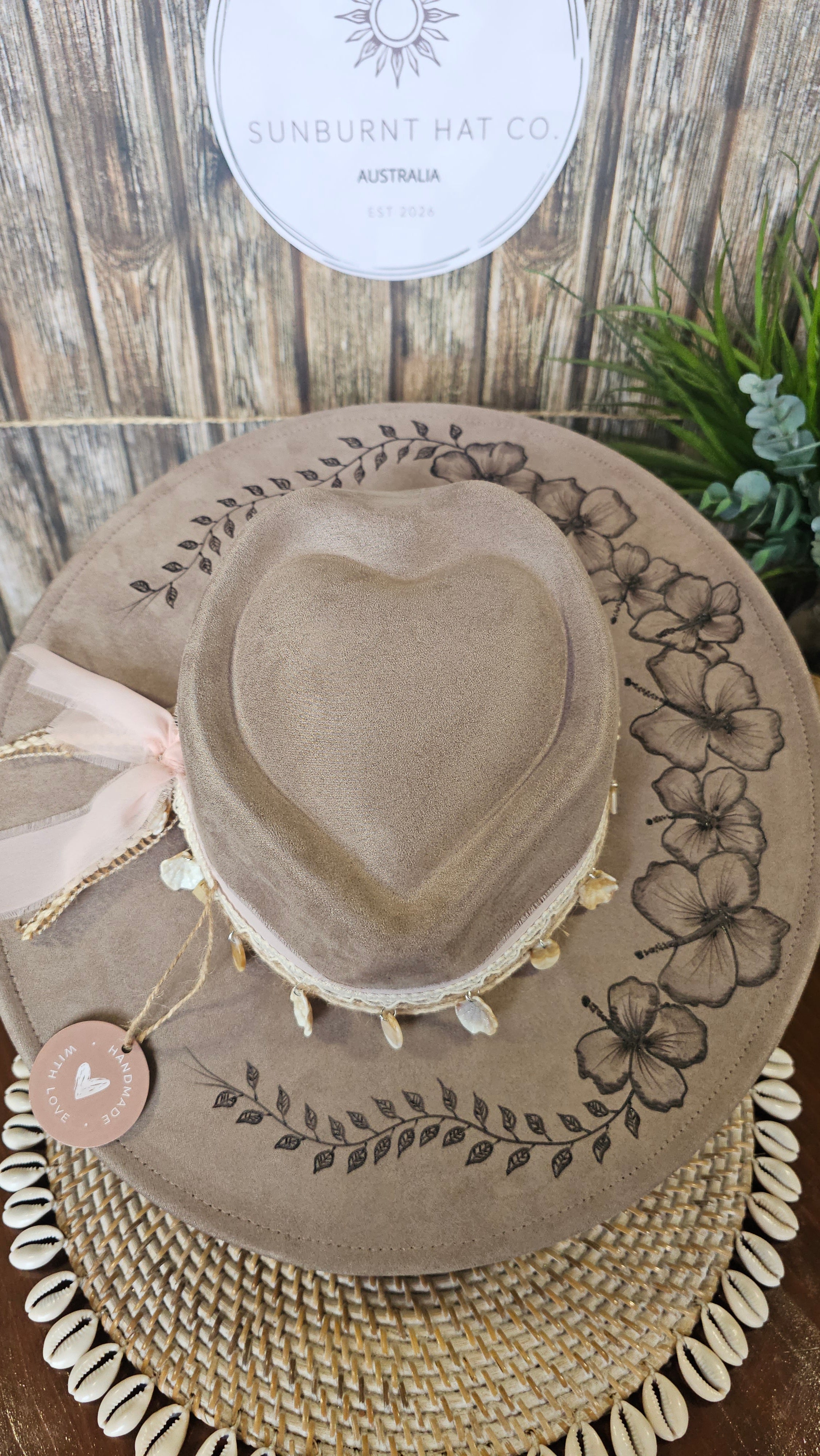 Hibiscus taupe wide brim vegan suede cowboy hat hand burnt