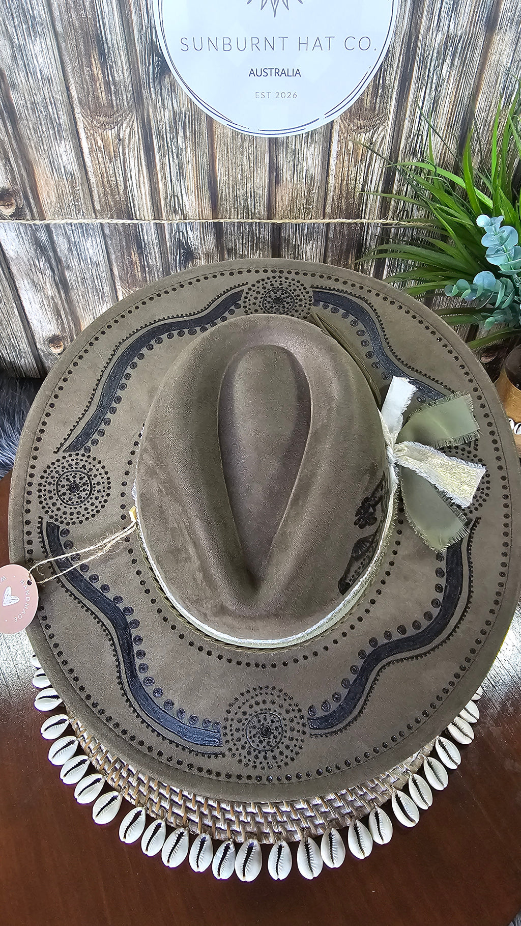 Indigenous olive green wide brim vegan suede cowboy hat hand burnt