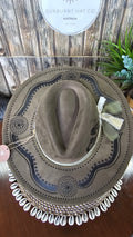 Indigenous olive green wide brim vegan suede cowboy hat hand burnt