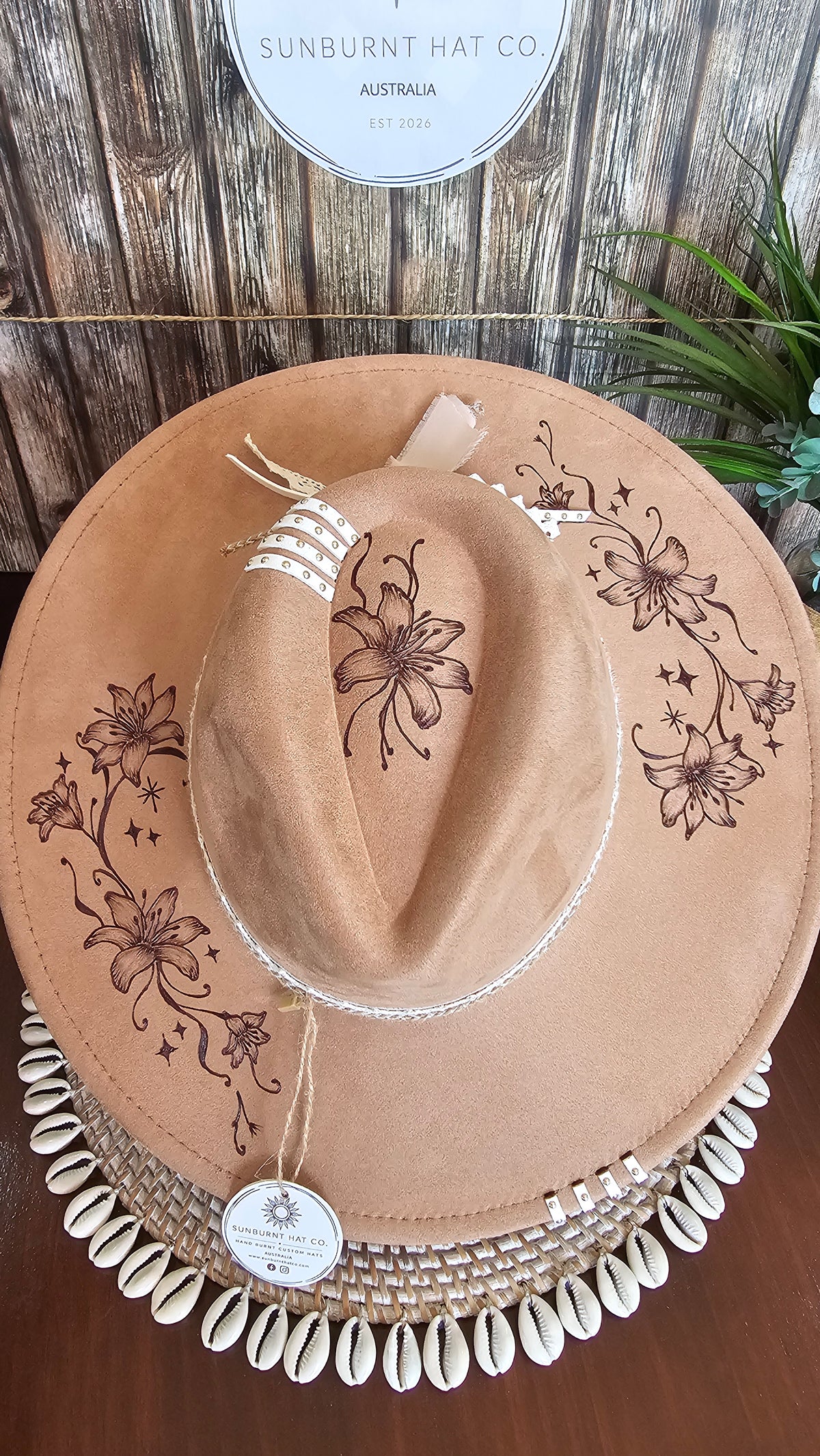 Dainty Lily Design Wide Brim - Tan