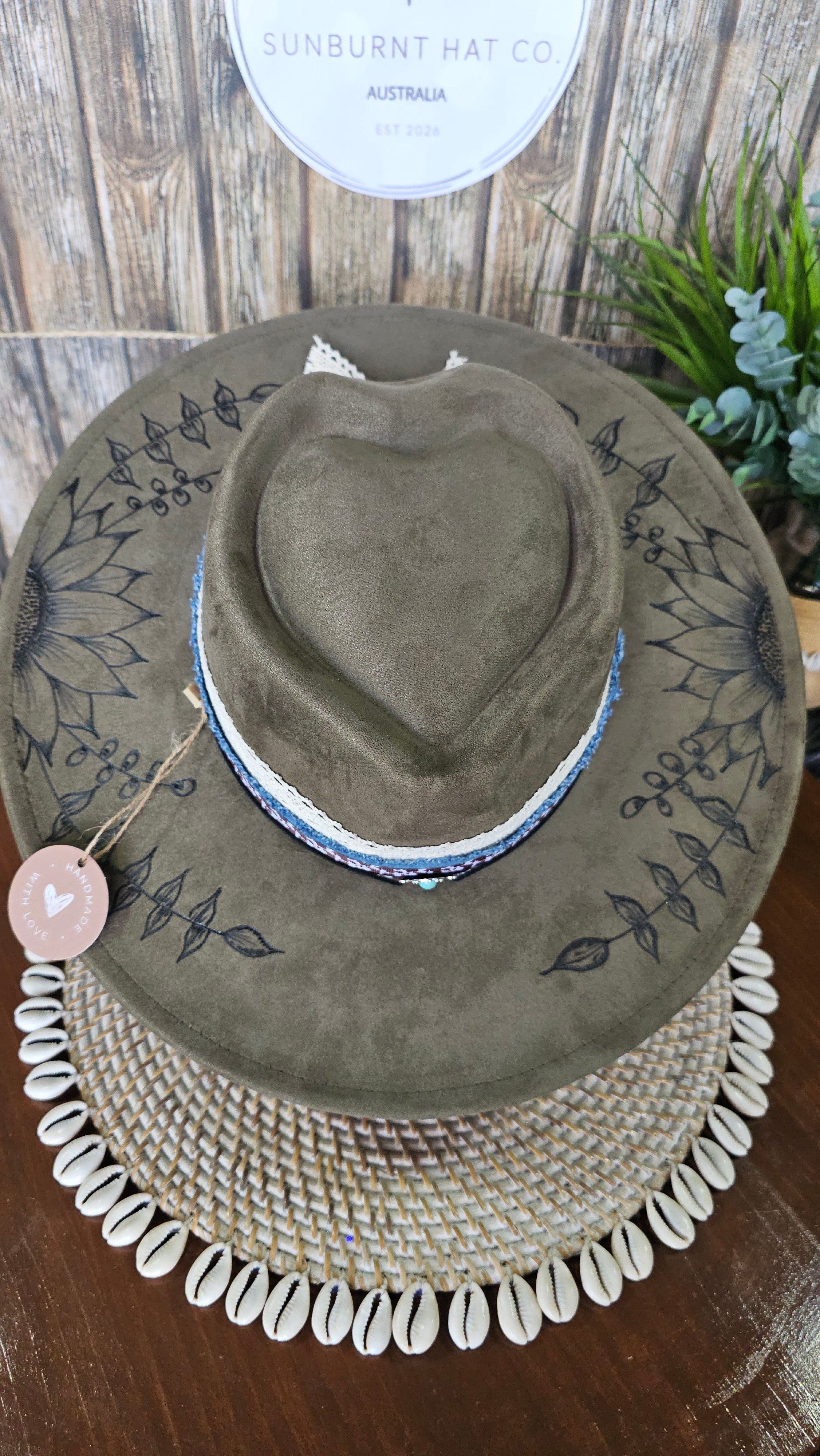 Sunflower olive green wide brim vegan suede cowboy hat hand burnt