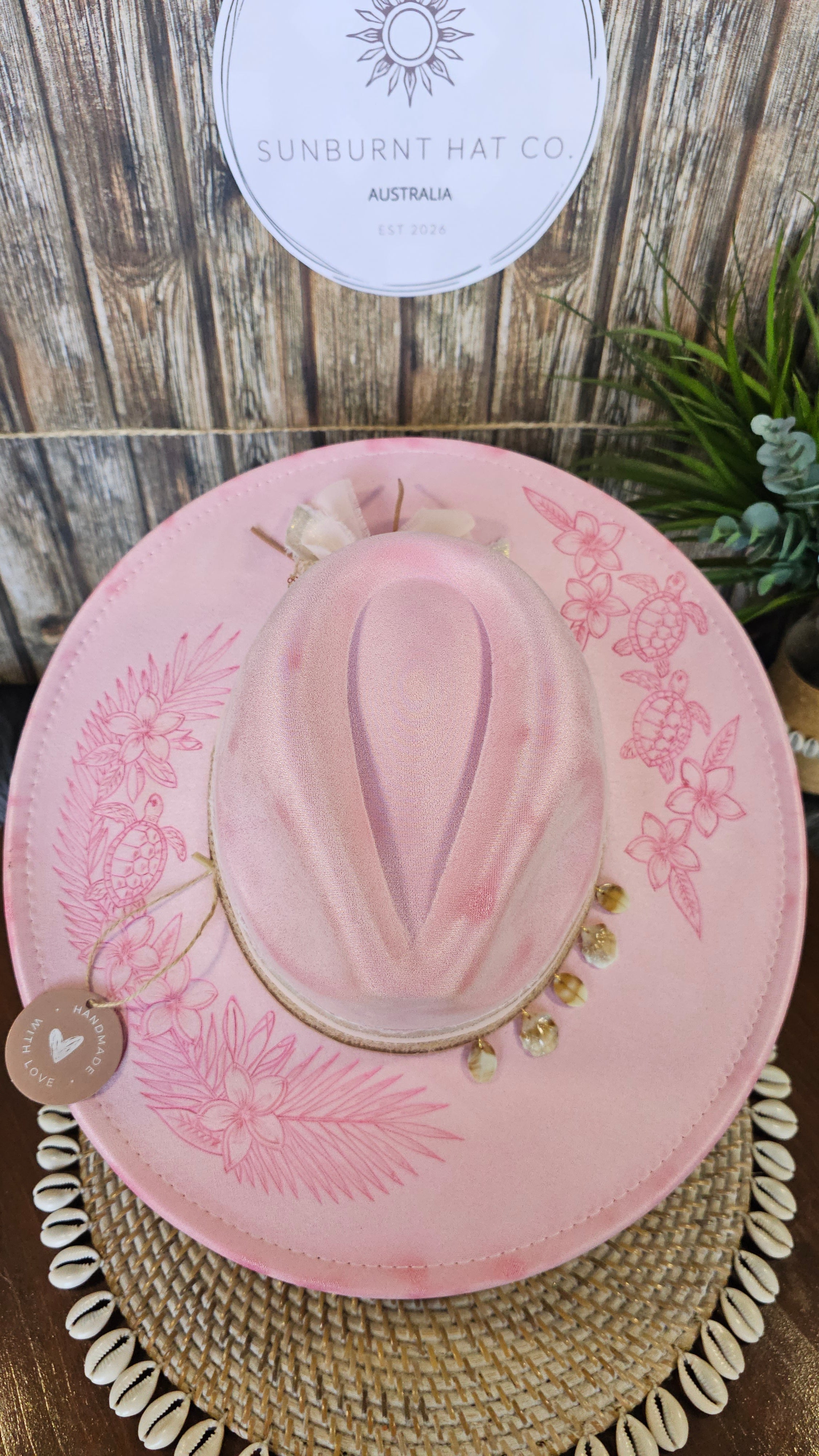 Turtle frangipani pink wide brim vegan suede cowboy hat hand burnt