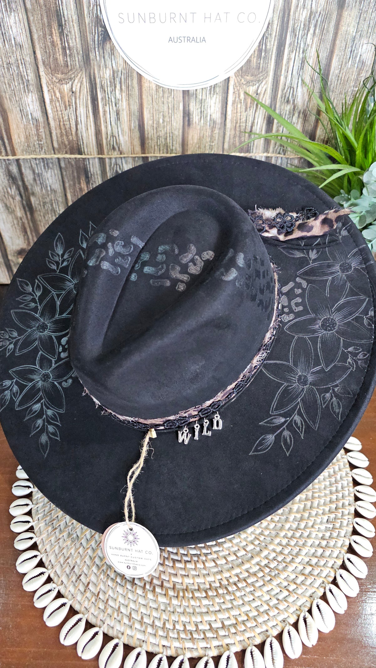 Leopard Print and Flowers Design Wide Brim - Black