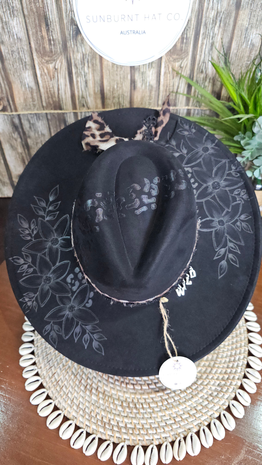 Leopard Print and Flowers Design Wide Brim - Black