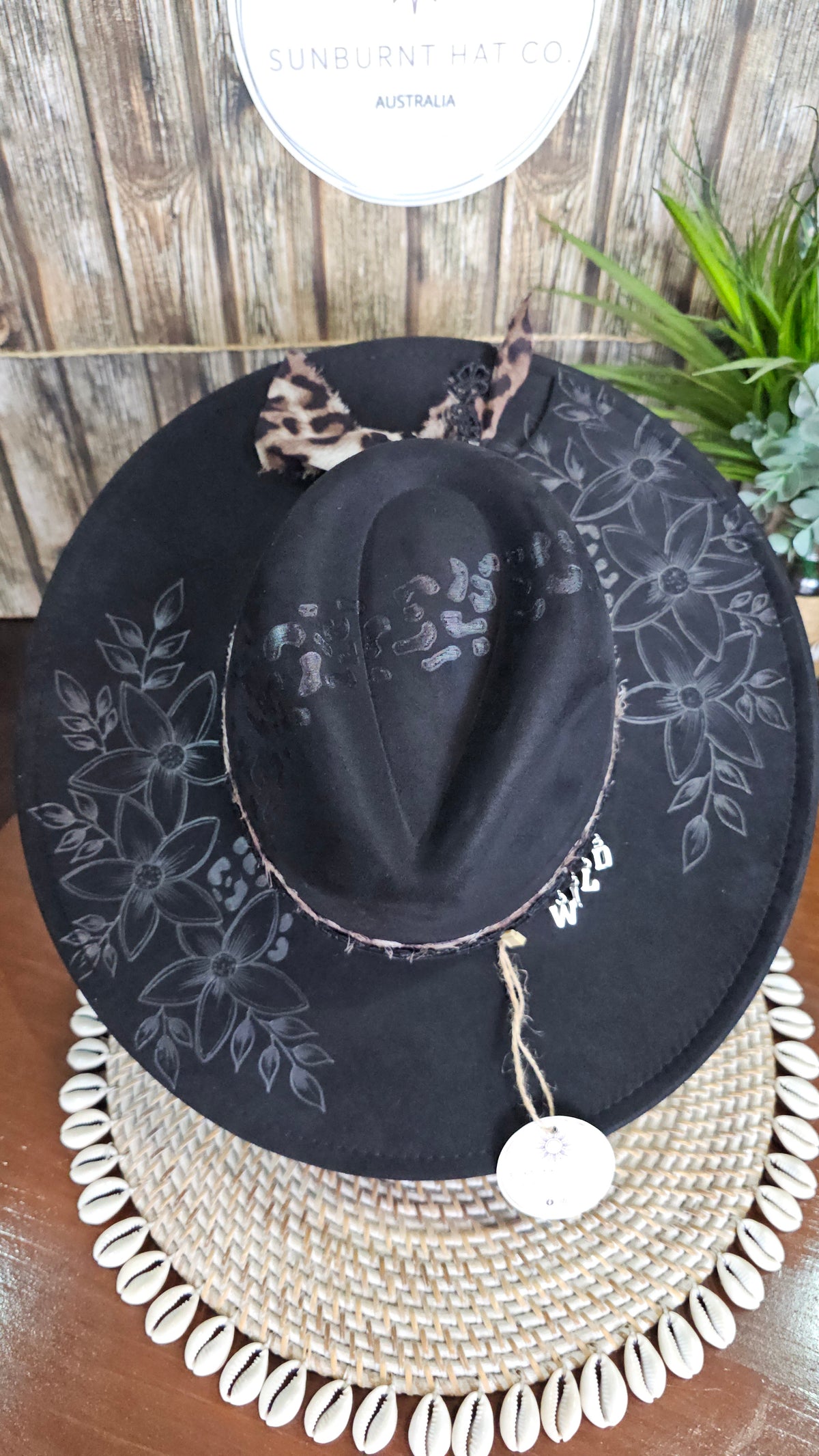 Leopard Print and Flowers Design Wide Brim - Black