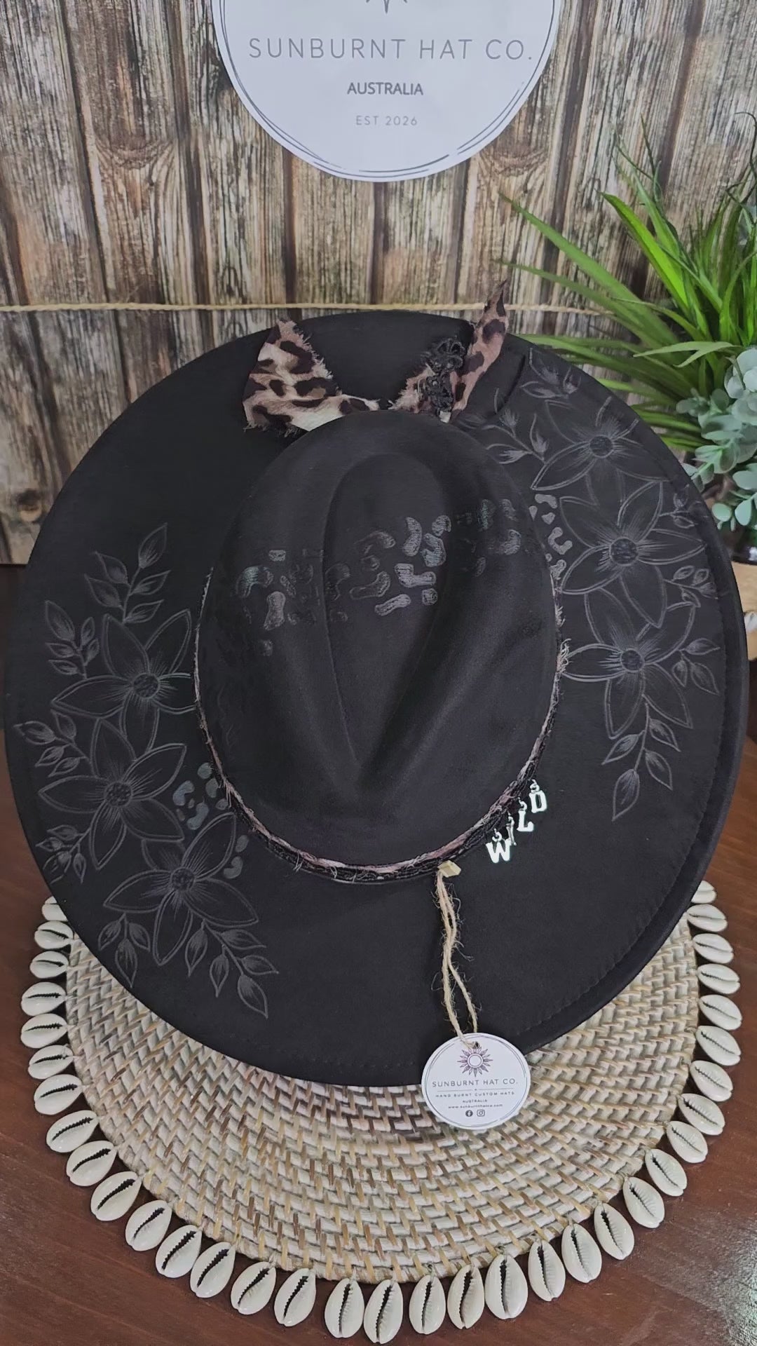 Leopard Print and Flowers Design Wide Brim - Black